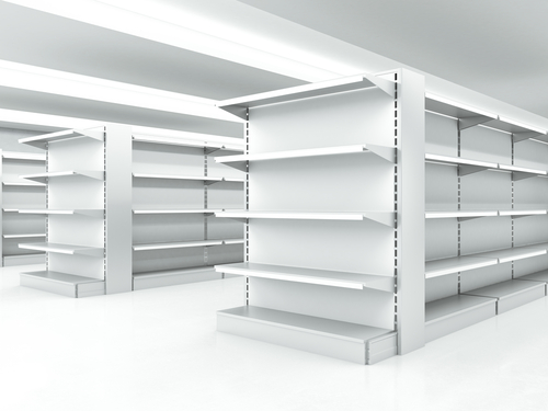 White,clean,shelves,in,market.,3d,rendering