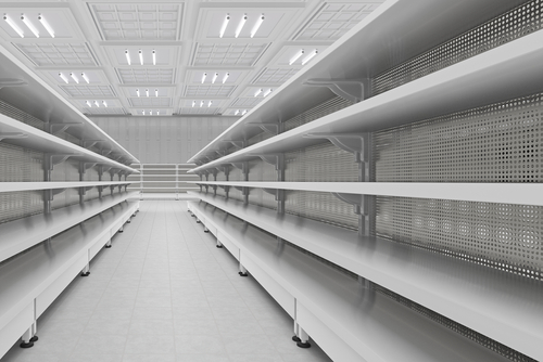 Supermarket,aisle,with,empty,shelves.,3d,render