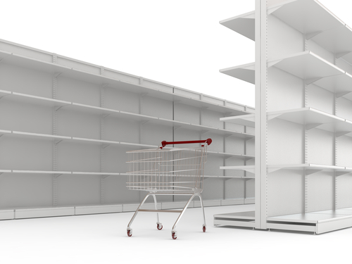 An,empty,shopping,trolley,cart,and,shop,shelves,isolated,on